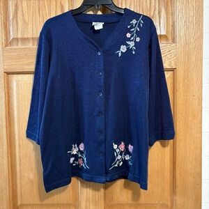 BonWorth Embroidered Blue Floral Cardigan Cottagecore Womens M Button Up Sweater